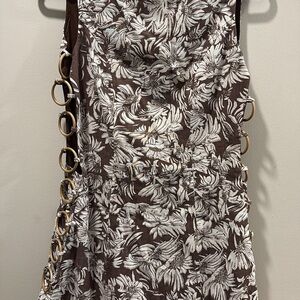 Brown and White Floral Dress with Side Ring Accents